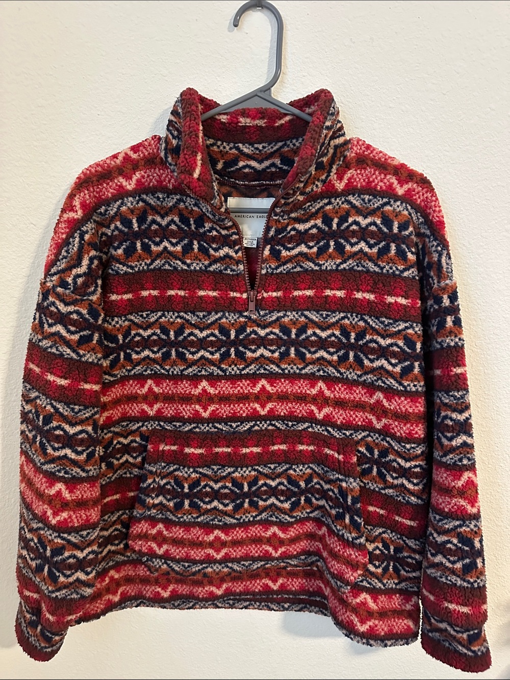 Men's Red Patterned Half-Zip Sweater